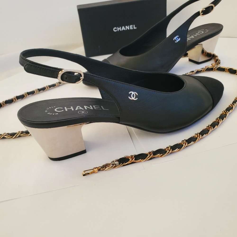 Authentic Chanel black leather slingback w. Metal silver heel